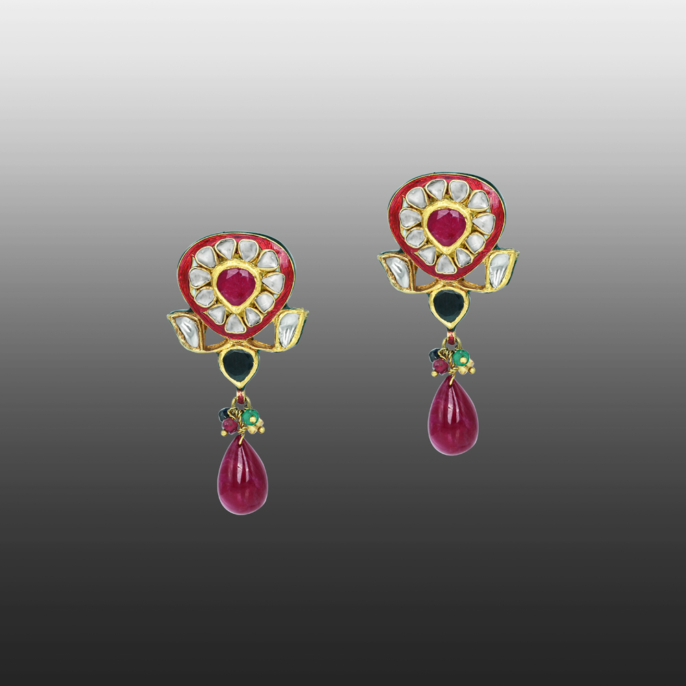 Polki Stud Earrings with Ruby, Red Enamel, and Drop Design